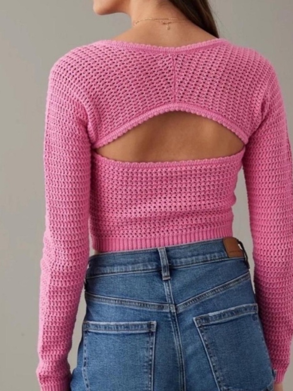 American Eagle Outfitters Pink Crochet Square Neck Sweater NWT - S - Picture 2 of 8